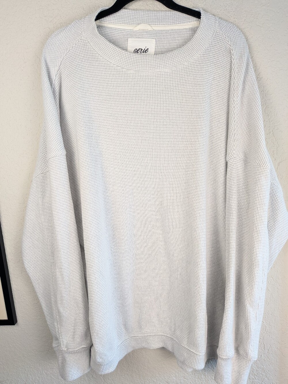 Aerie Getaway Waffle Sweatshirt L Light Gray Cotton Blend Oversized Soft Cozy